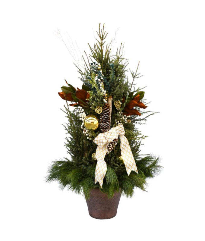 CHRISTMAS SPIRIT SPRUCE TIP POT - WHITE & GOLD