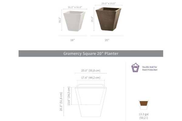 Crescent Gramercy Contemporary Square Planters, Slate, 20\"